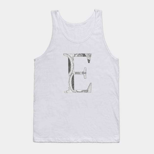 Henna Alphabet E / Henna Letter E - Black Henna Line Art Tank Top by Tilila